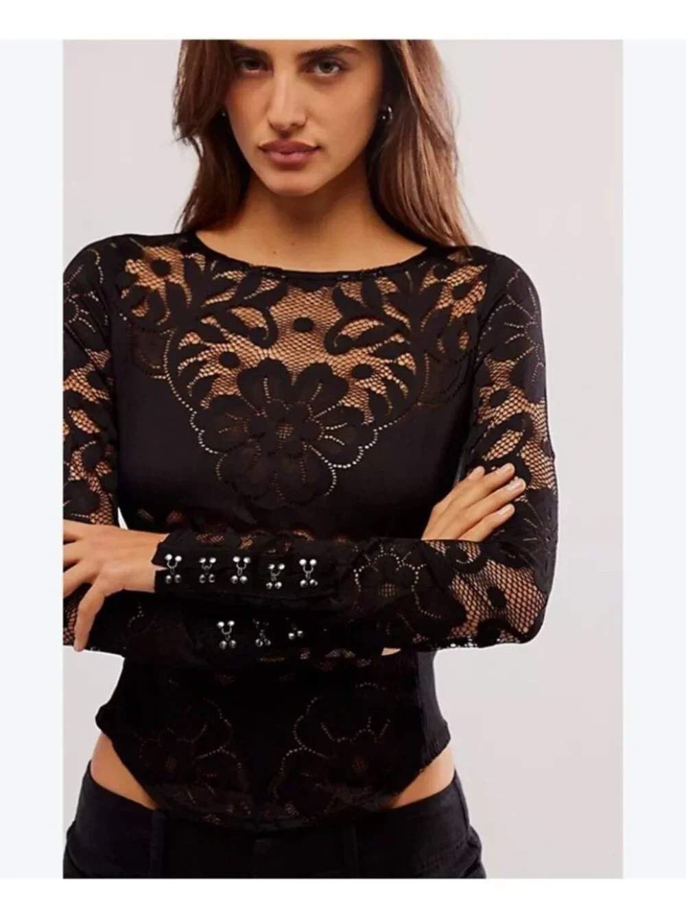 Free People Wild Roses Hook & Eye Cuff Lace Fitted Long Sleeve Top XS